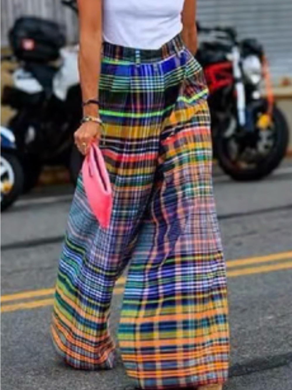 Wide-Leg Plaid Pants in Multicolor